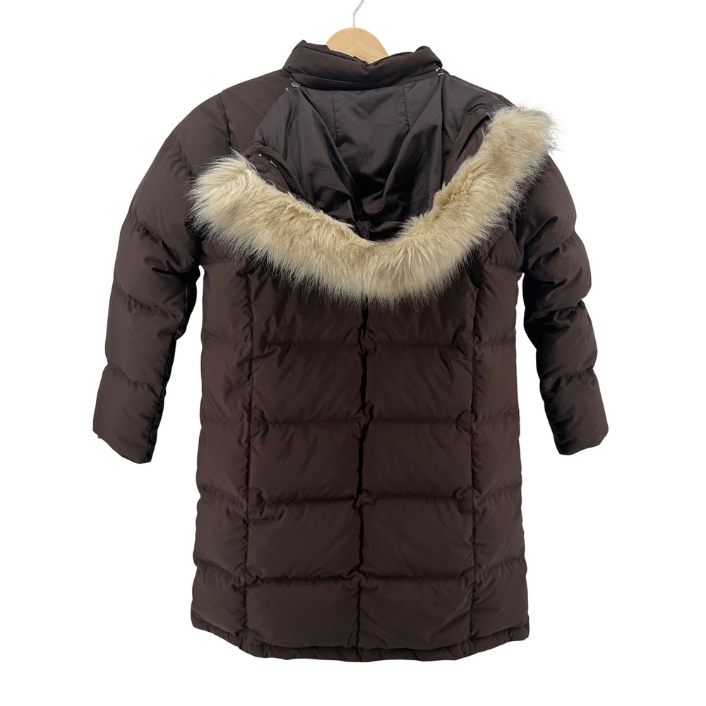 LL Bean Womens Brown Quilted Down Parka Jacket Faux Fur Trim Hood Medium O BCU6